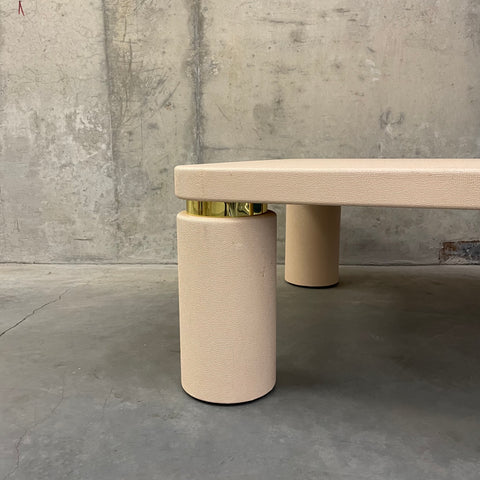 Pink Coffee Table with Chunky Legs and Gold Accents