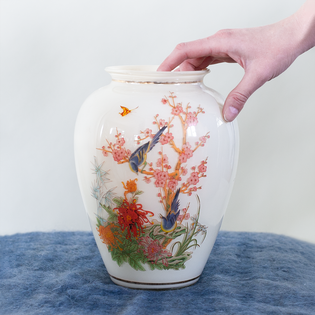 Glass Vase with Flowers and Birds