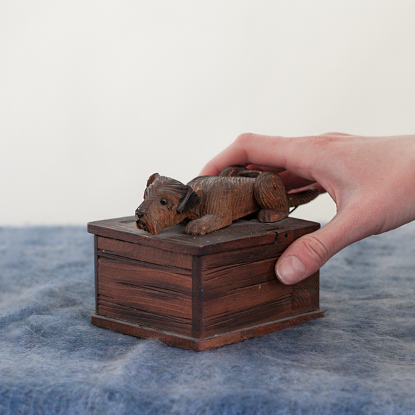 Vintage Solid Wood Carved Dog Box