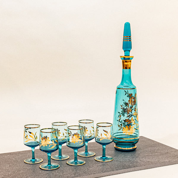 Blue and Gold Decanter with 6 Glasses