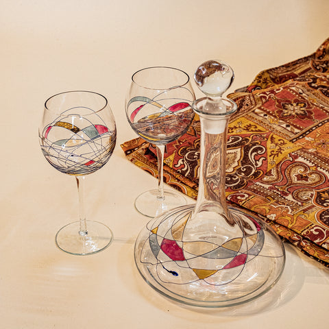 Coloured Handblown Decanter and 2 x Wine Glasses